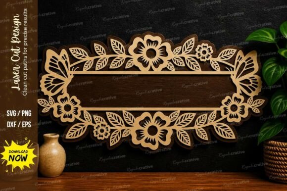 Download Floral Name Plate Frame Laser Cut Svg - Floral name Collection