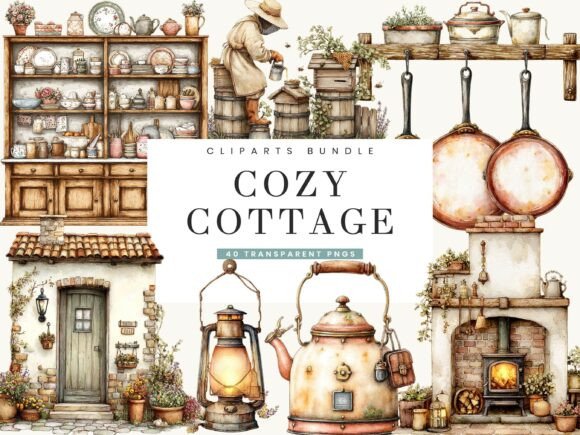 Download Watercolor Cozy Cottage Core Clipart - Cottage core Collection